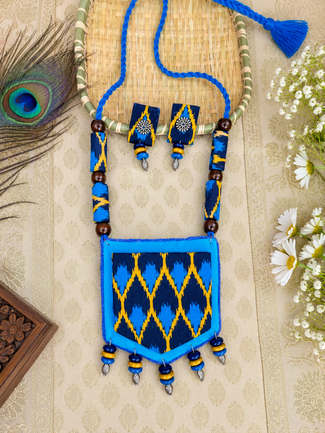 Blue Ikkat Pattern Fabric Jewellery Set