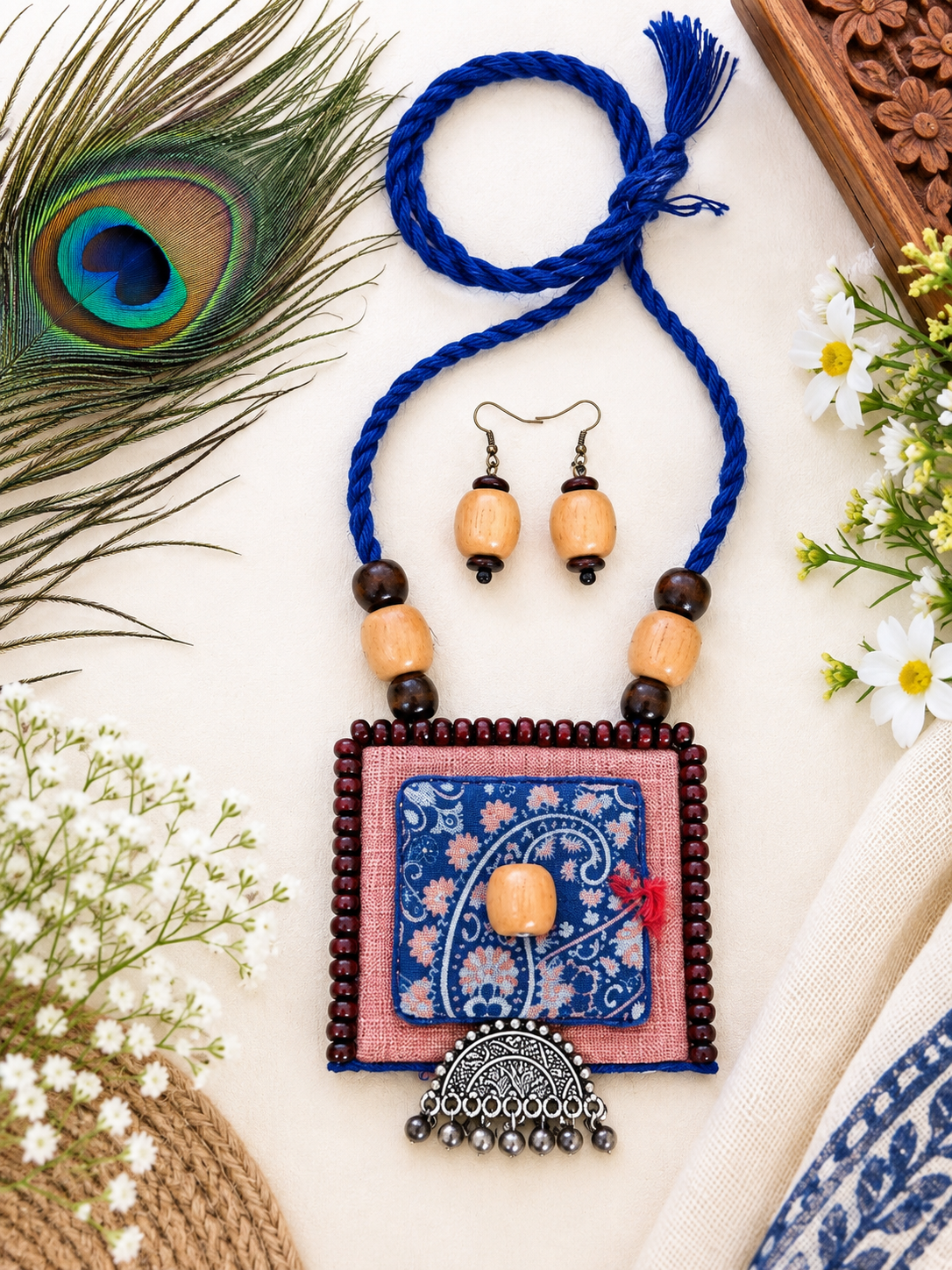 Peach And Blue Necklace Set