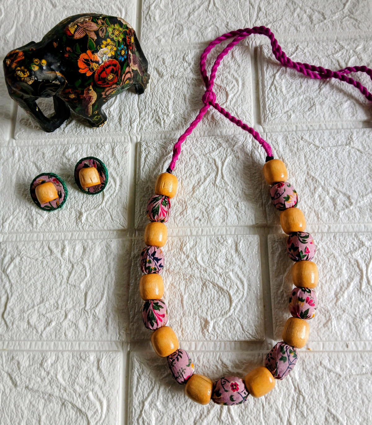 Wooden Bead pink n beige statement mala set