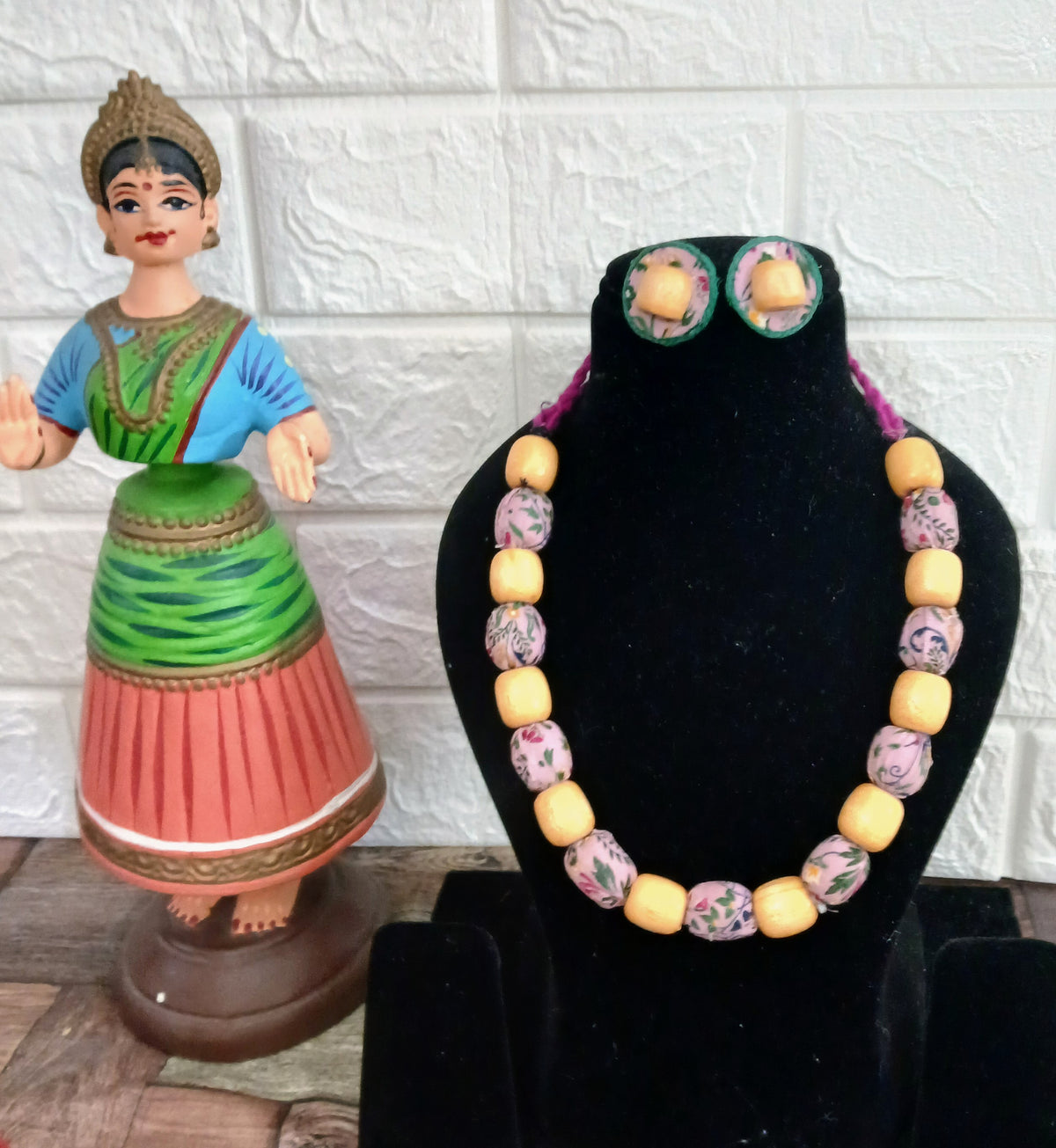 Wooden Bead pink n beige statement mala set