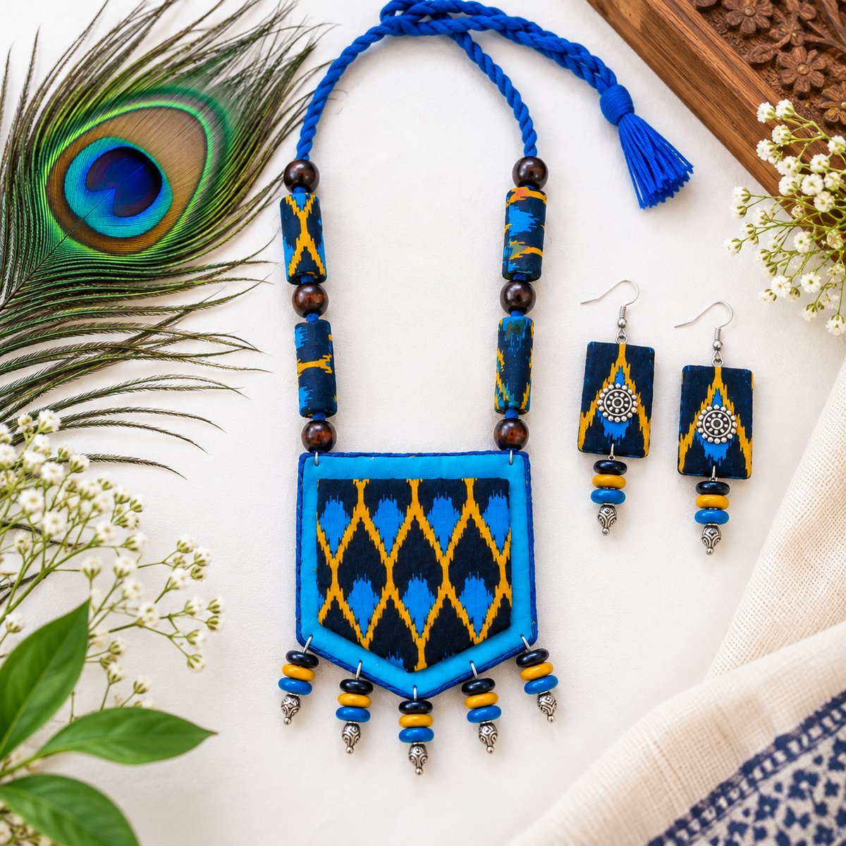 Blue Ikkat Pattern Fabric Jewellery Set