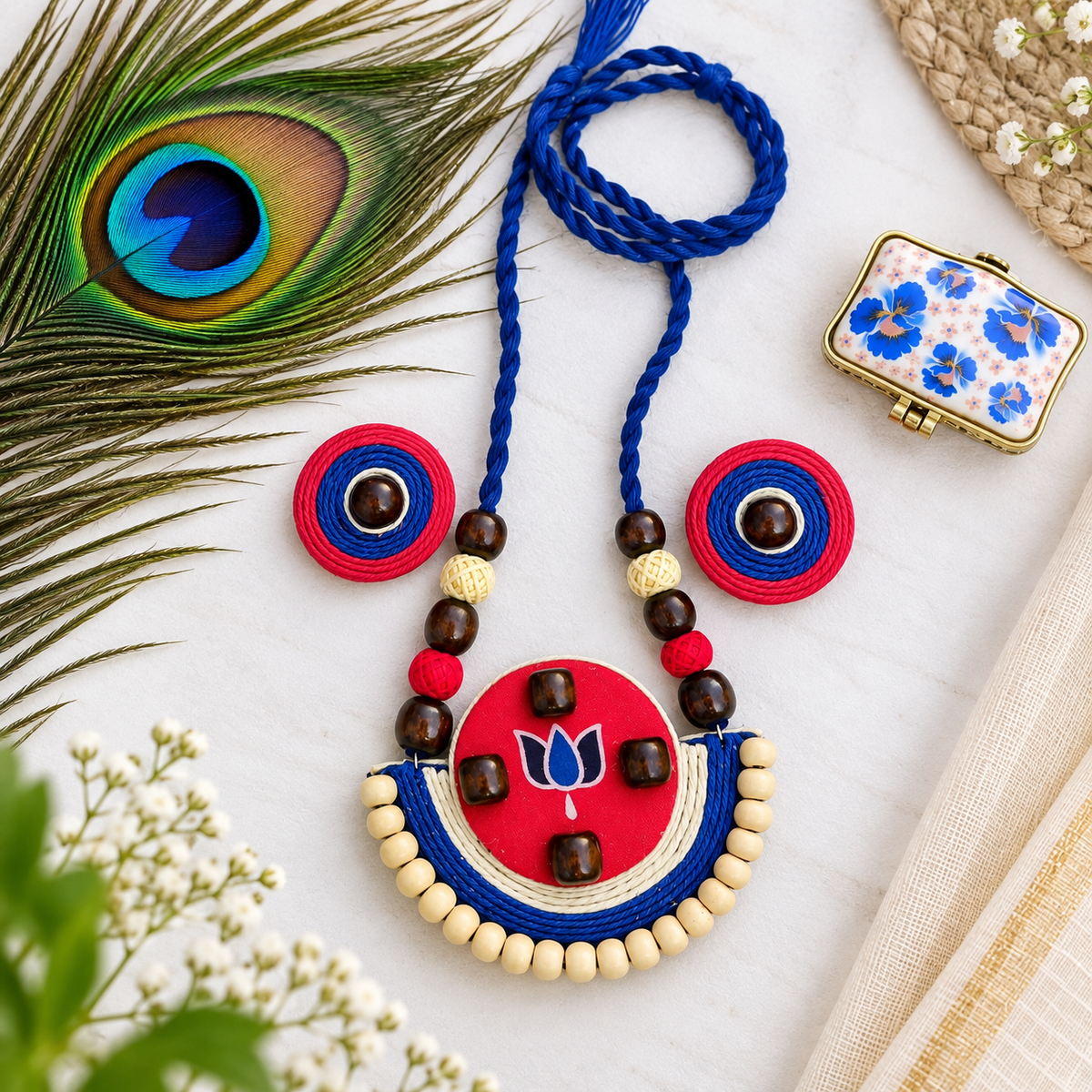 Ajrakh Red and Blue Fabric Necklace Set