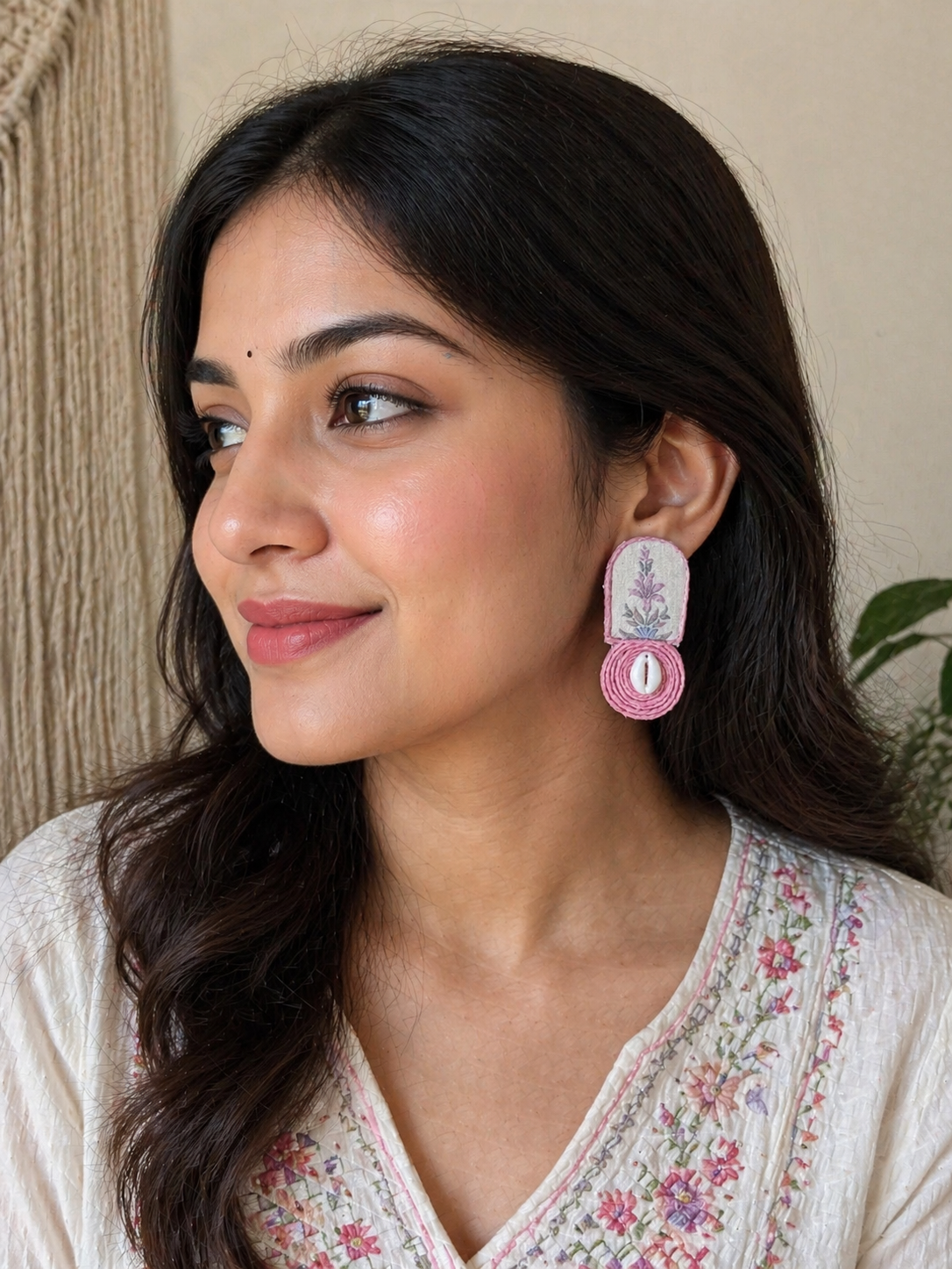 White and Pink Fabric Earrings