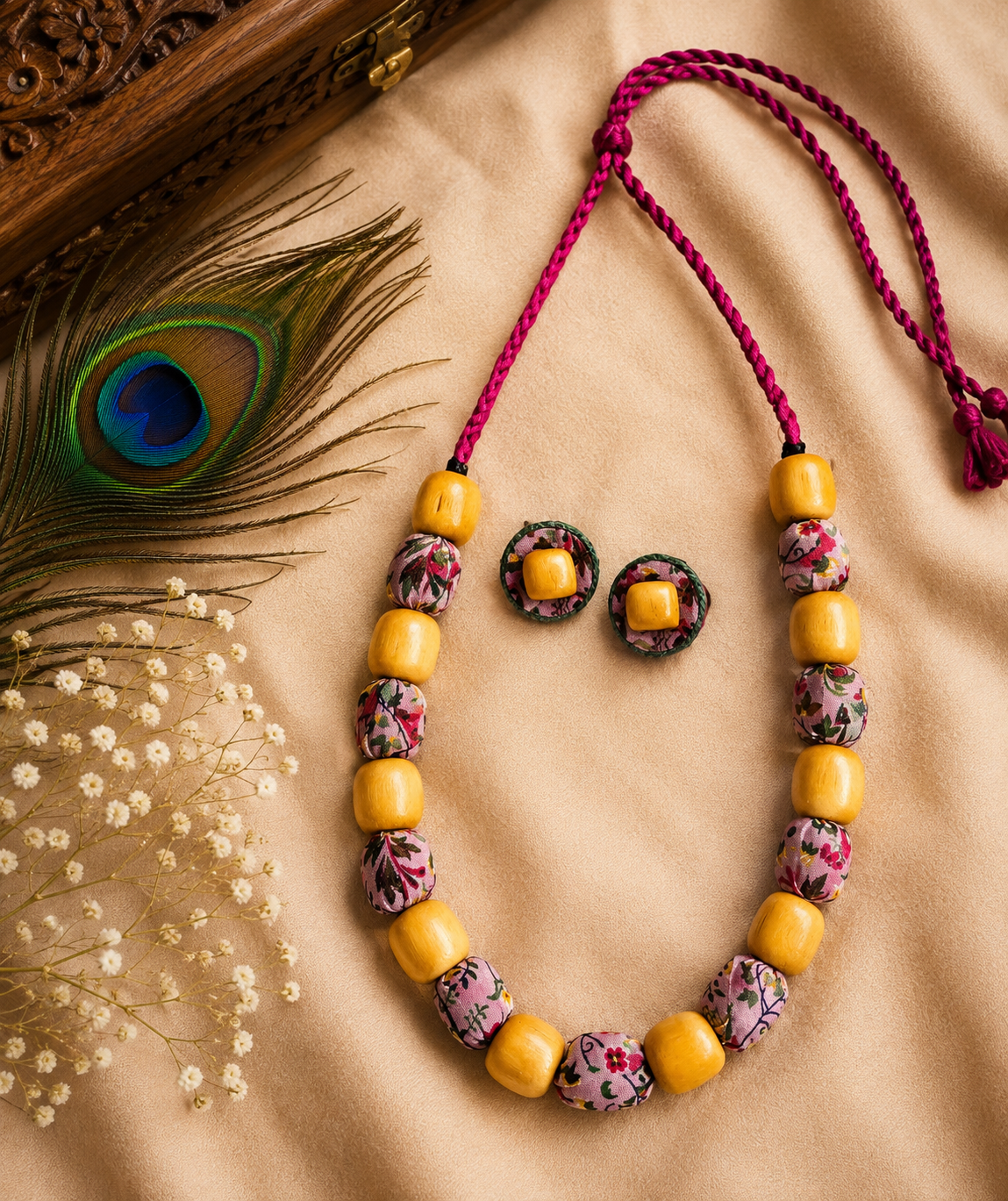 Wooden Bead pink n beige statement mala set