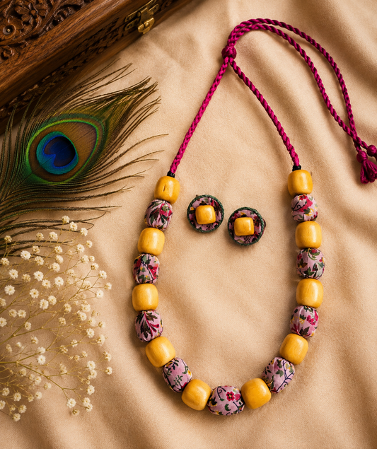 Wooden Bead pink n beige statement mala set