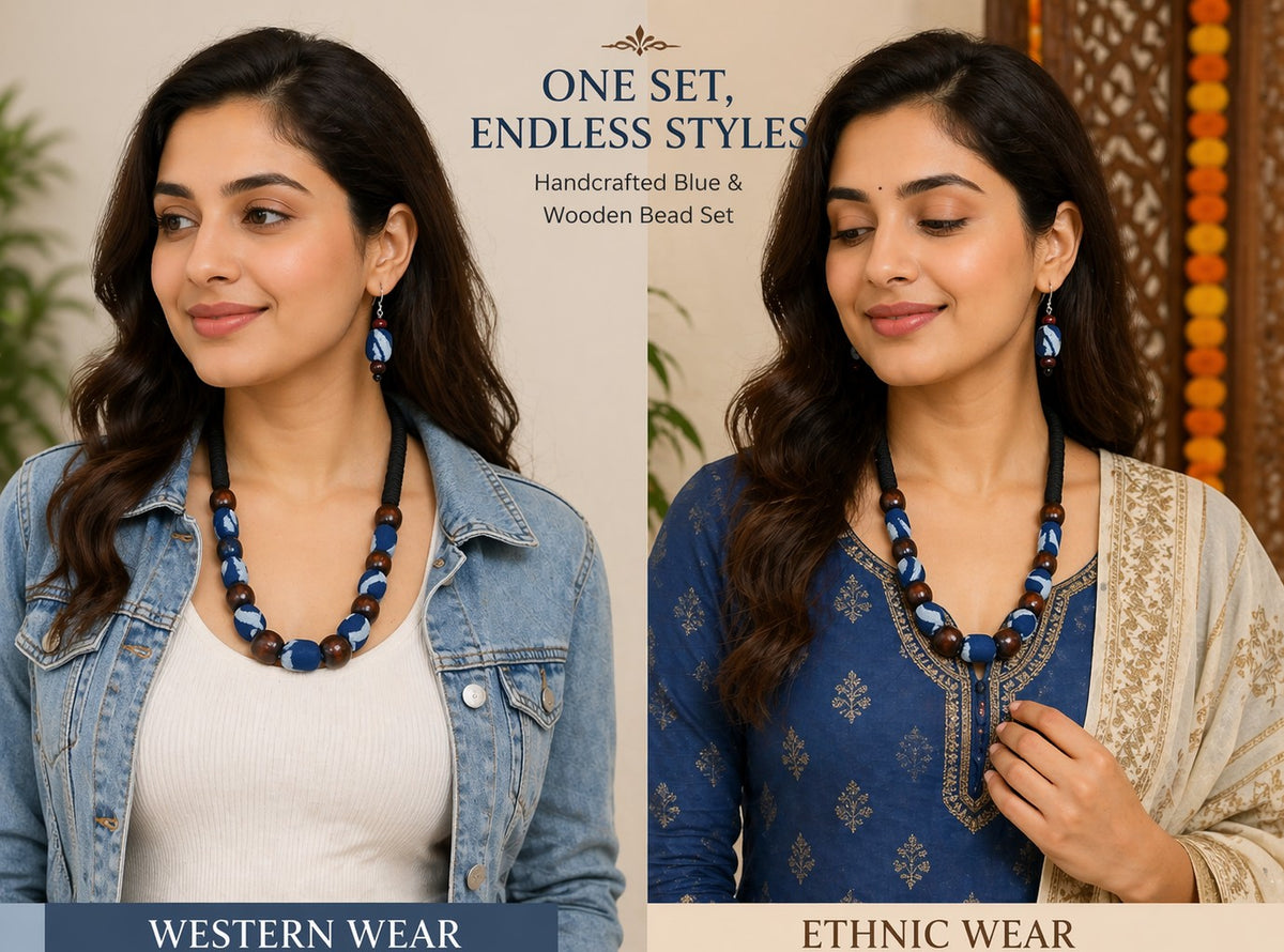 Indigo wooden beaded necklace set