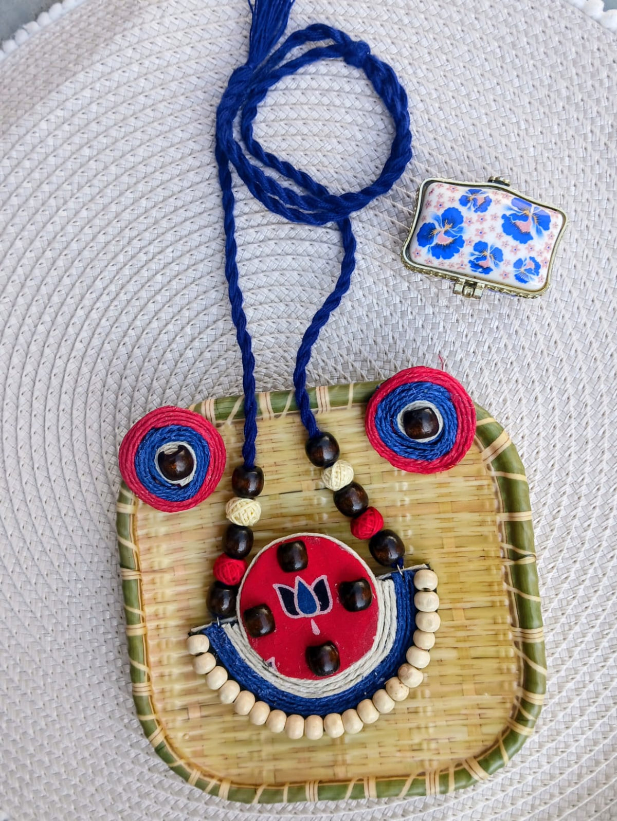 Ajrakh Red and Blue Fabric Necklace Set