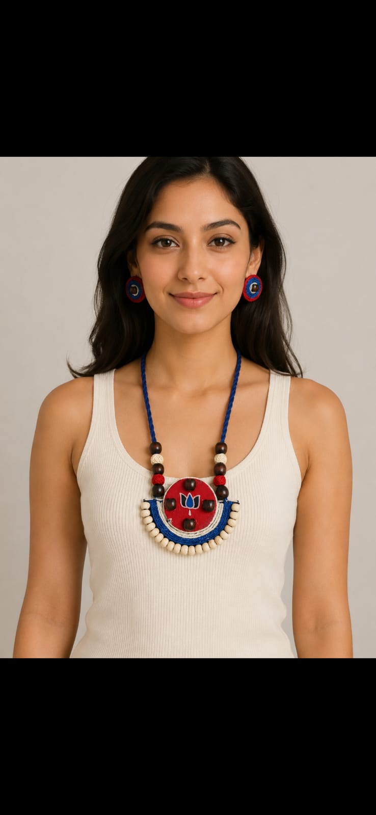 Ajrakh Red and Blue Fabric Necklace Set