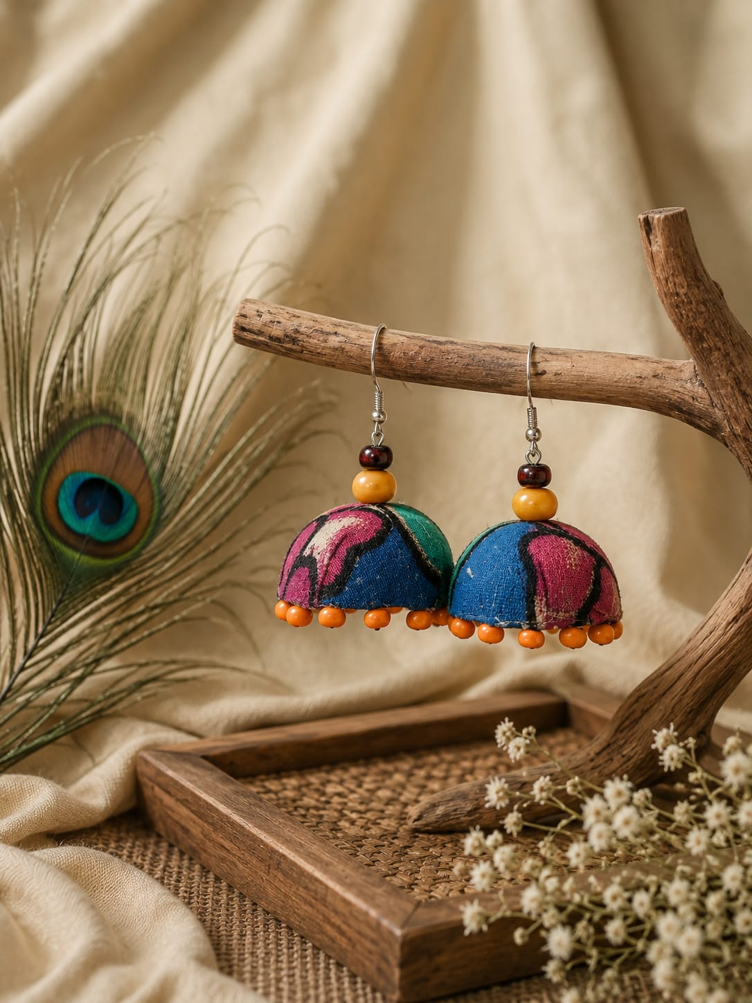 Blue And Orange Beaded Jhumki