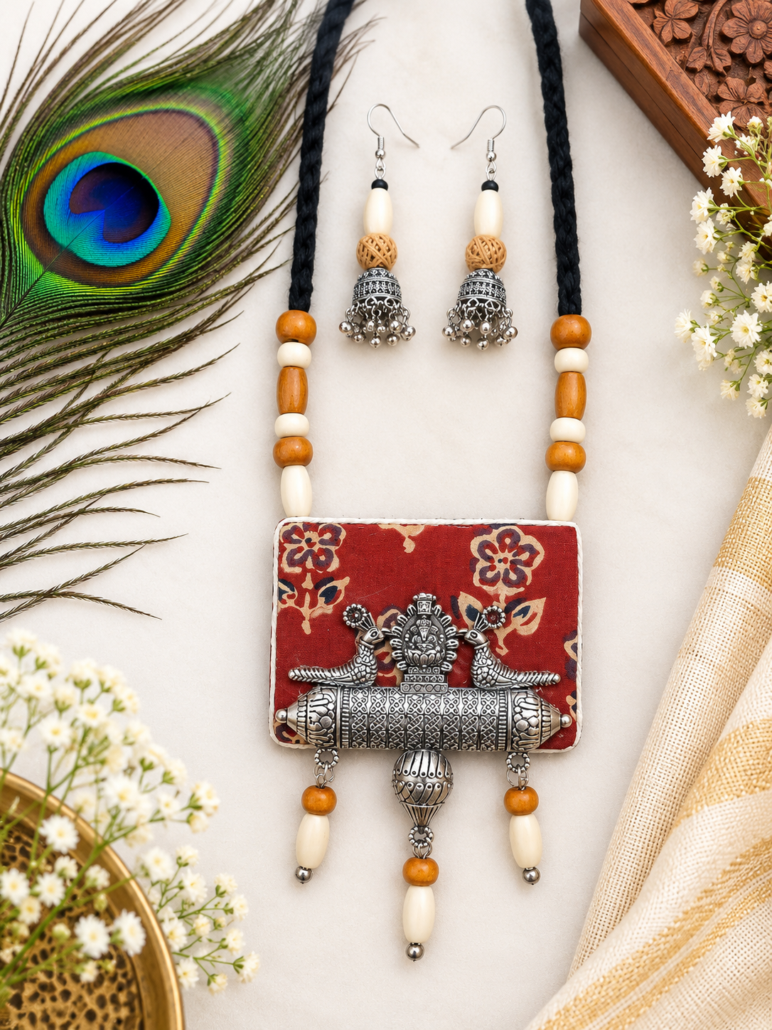 Ajrak print and silver oxidized set